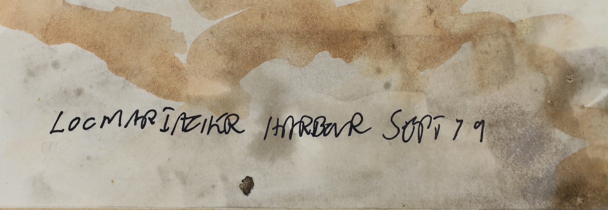 Elizabeth Duncan Meyer (b.1942), ink and watercolour, Harbour scene, singed, inscribed, and dated ‘79, 27 x 32cm